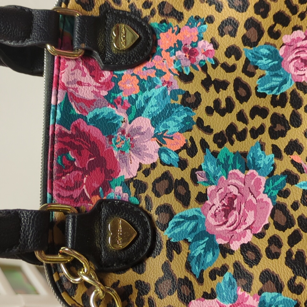 Betsy Johnson Satchel handbag leopard & flowers Bowler - Picture 4 of 15
